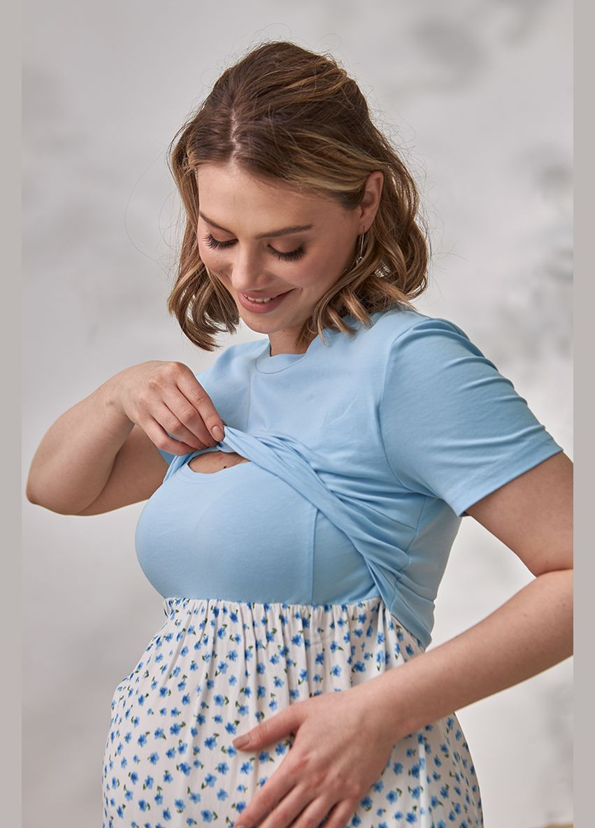 Голубое нежное платье для беременных и кормящих мам голубовато-молочное Юла мама