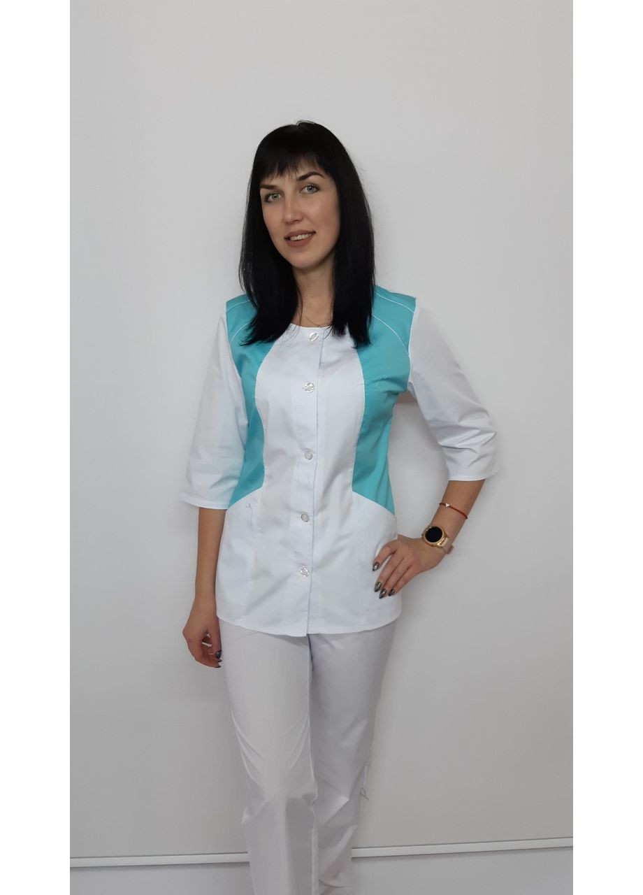 Жіночий медичний костюм Ліка стрейч-котон три чверті рукав 64, Білий з ментоловим оздобленням No Brand (361359848)