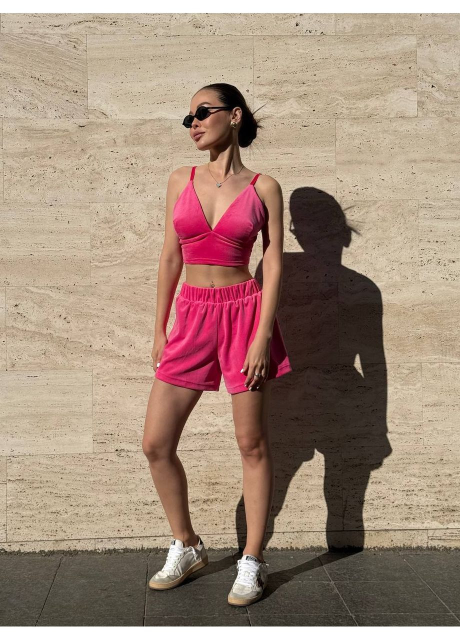 Малинова всесезон велюровий домашній комплект шорти+топ Fashion