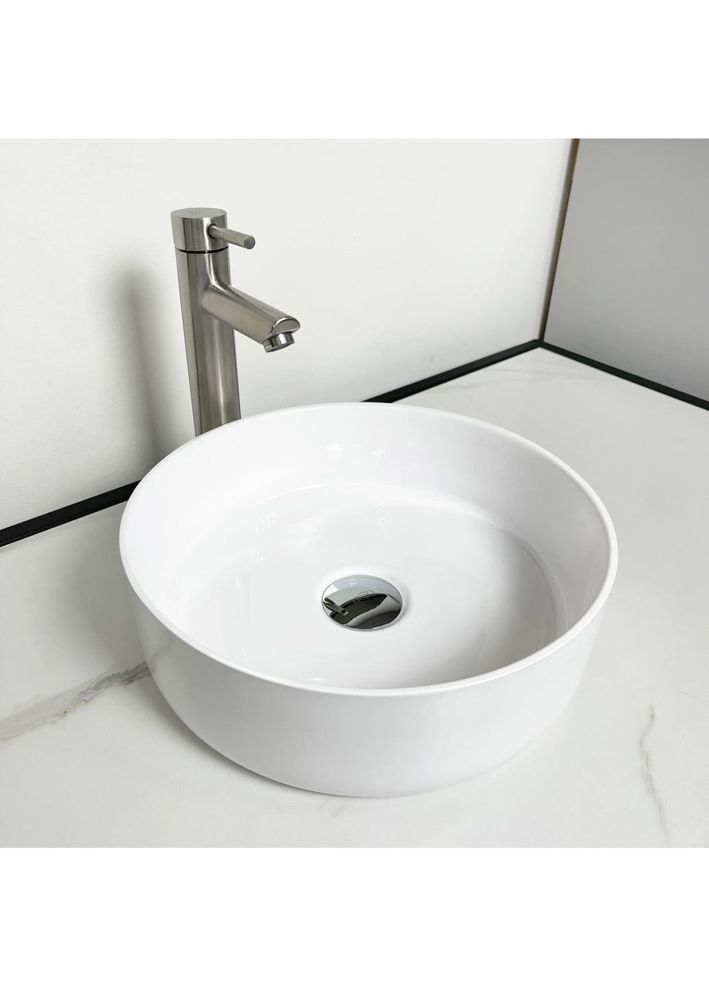 Раковина, умивальник ARENA, штучний камінь, кругла, без відвернення для змішувача та переливу, 360х113мм, накладний, білий Adamant (365749219)
