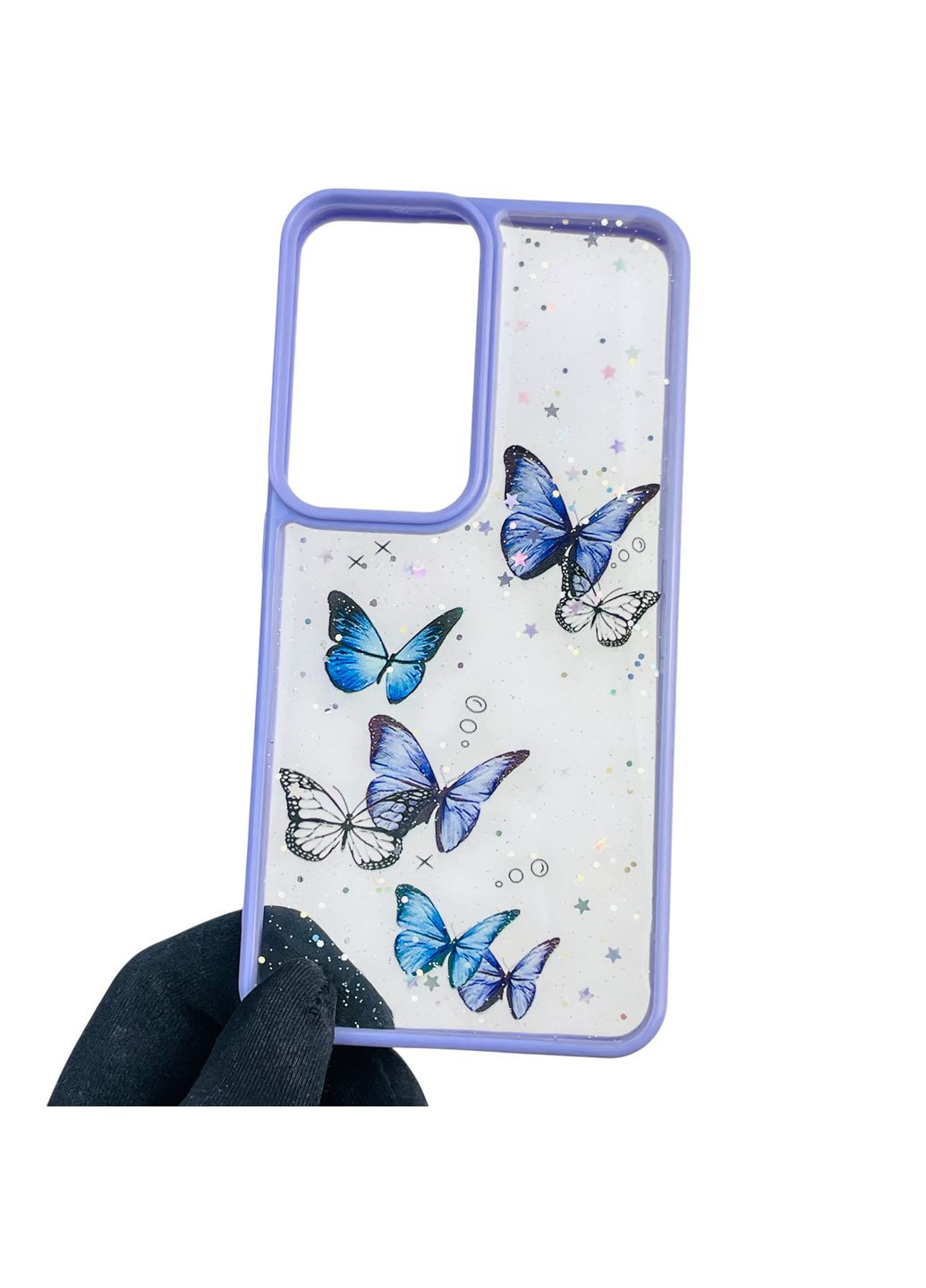 Чохол для Galaxy S24 (SM-S921B) з блискітками з метеликами на самсунг с24 бузковий Samsung (366390234)