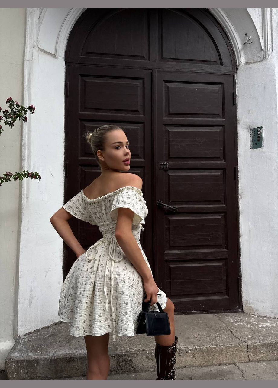 Кремова святковий, коктейльна, повсякденний, відвертий, вечірня муслінова сукня міні Україна з квітковим принтом