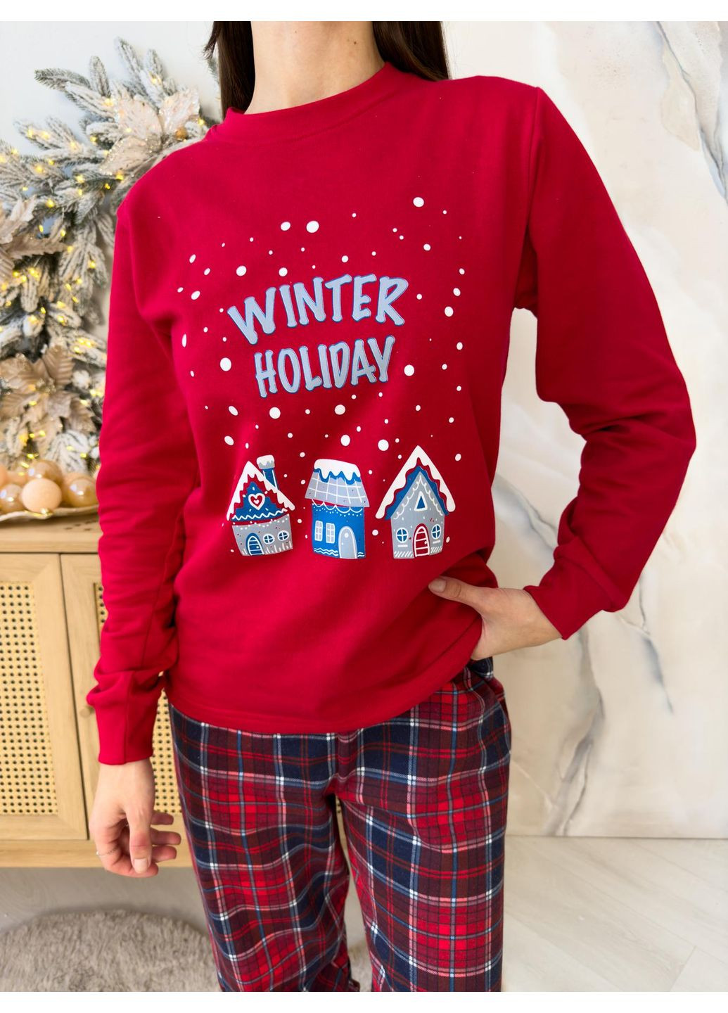 Червона всесезон новорічна тепла жіноча піжама з начосом l Vishnya