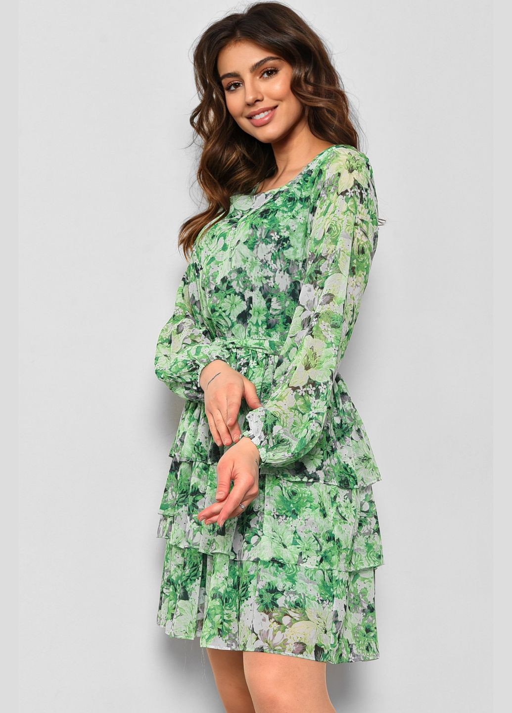 Зеленое кэжуал платье женское шифоновое зеленого цвета с принтом баллон Let's Shop с цветочным принтом