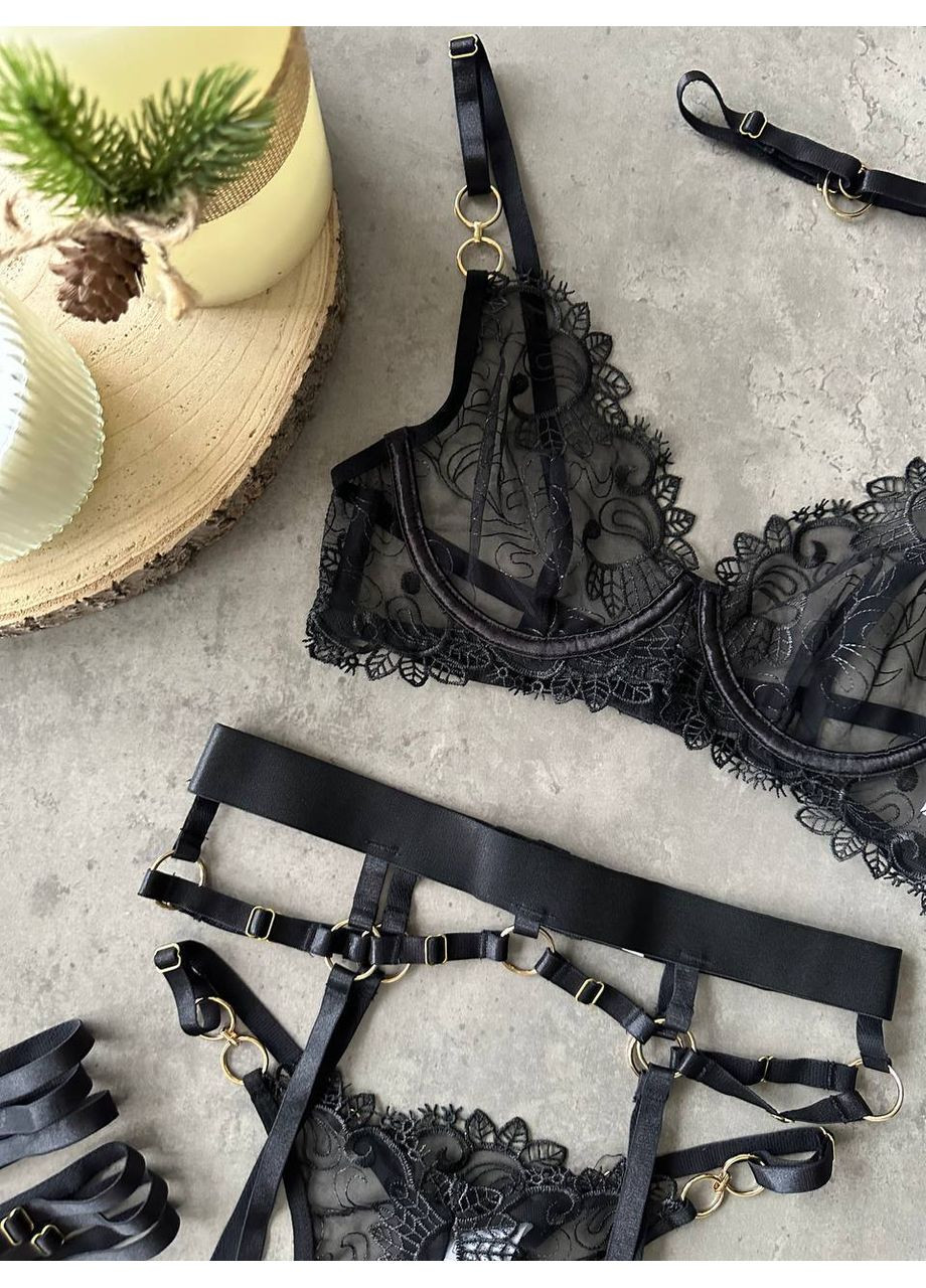 Чёрный балконет комплект белья "desire set" | чашка с косточкой, чокер и гартеры в комплекте, черный Vital-Textile с косточками полиэстер, эластан