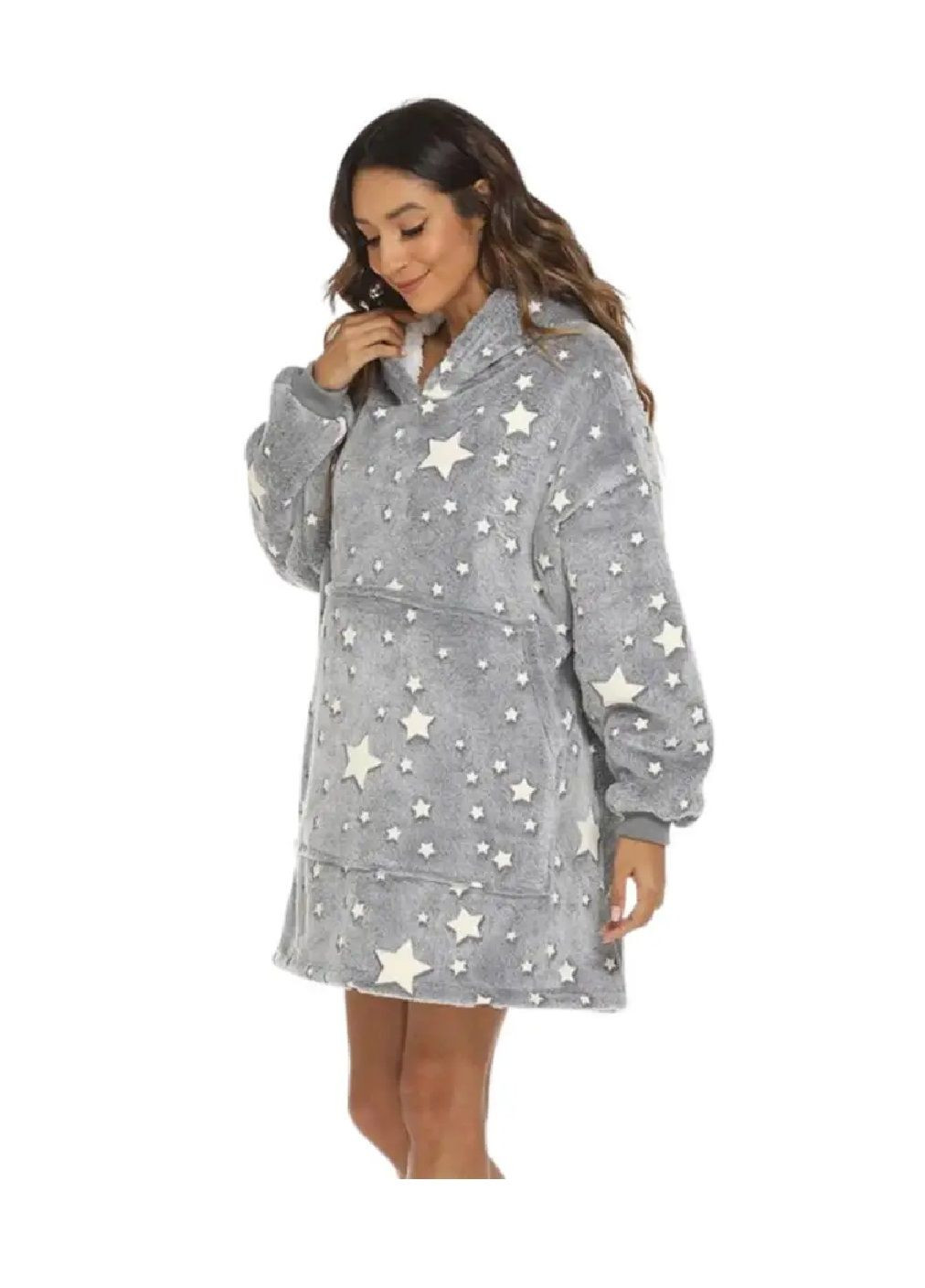 Толстовка плед халат зимний худи свитер оверсайз унисекс со светящимися звездами карманом капюшоном (478498-Prob) Серая Unbranded (305784364)