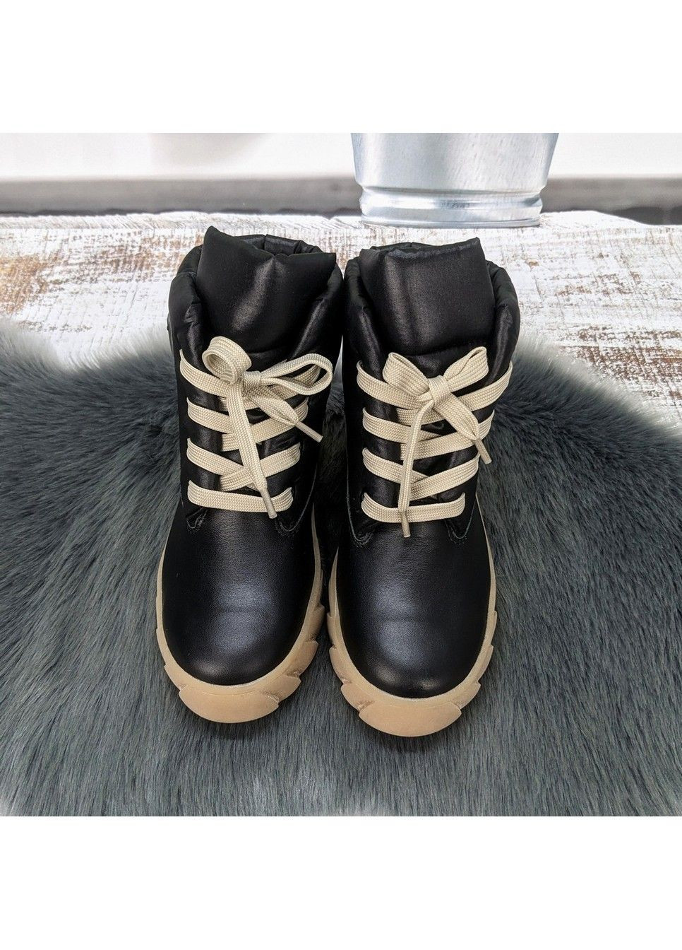 Черевики зимові шкіряні для дівчинки чорні з бежевим на шнурках Мальви (345064245)