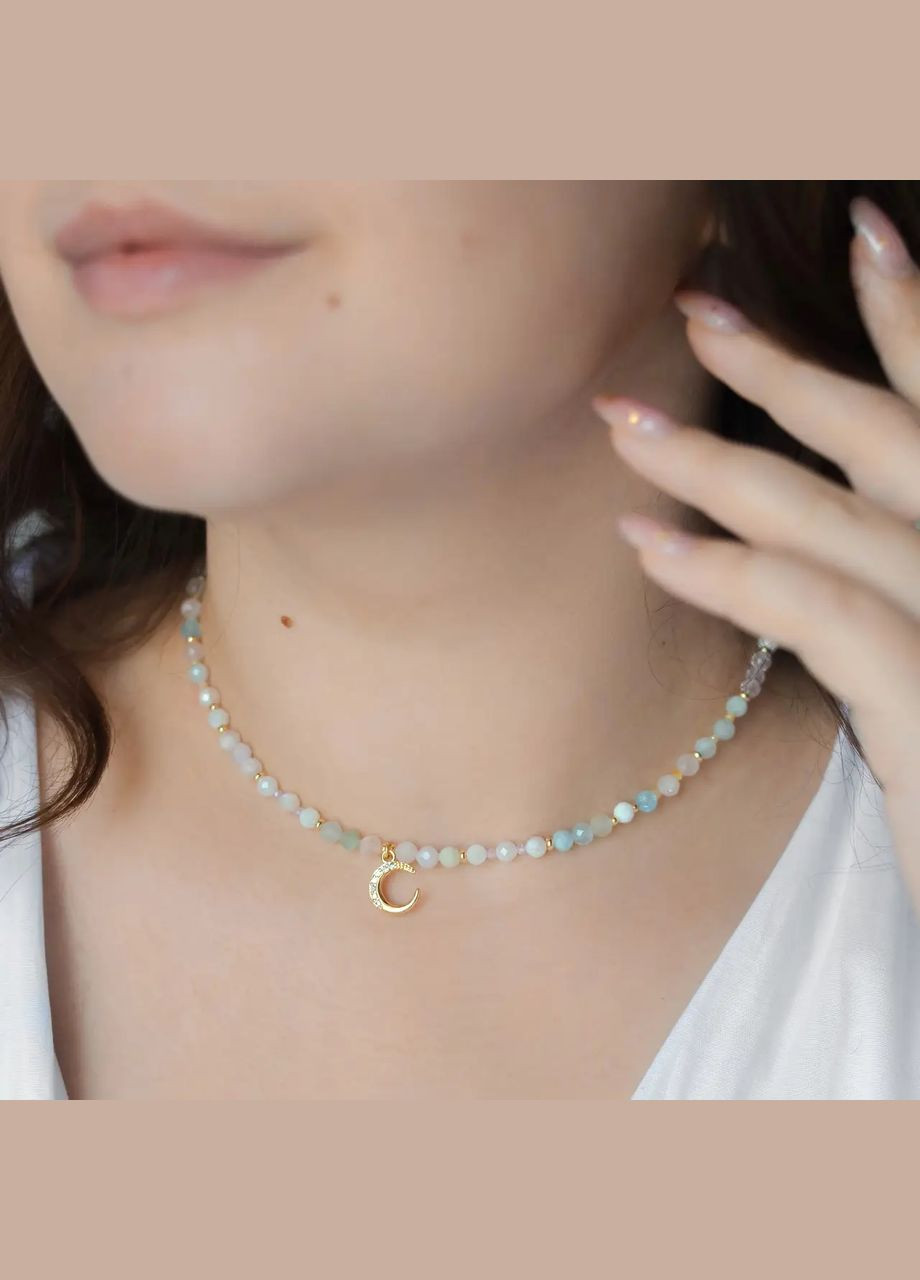 Чокер натуральный Морганит, Адуляр (Лунный камень), Циркон, фур-ра гип-ный сплав цвет золото d-4х2мм L-37,5-42,5см No Brand морганит, лунный камень латунь, натуральный камень, медицинский сплав золото (324836261)