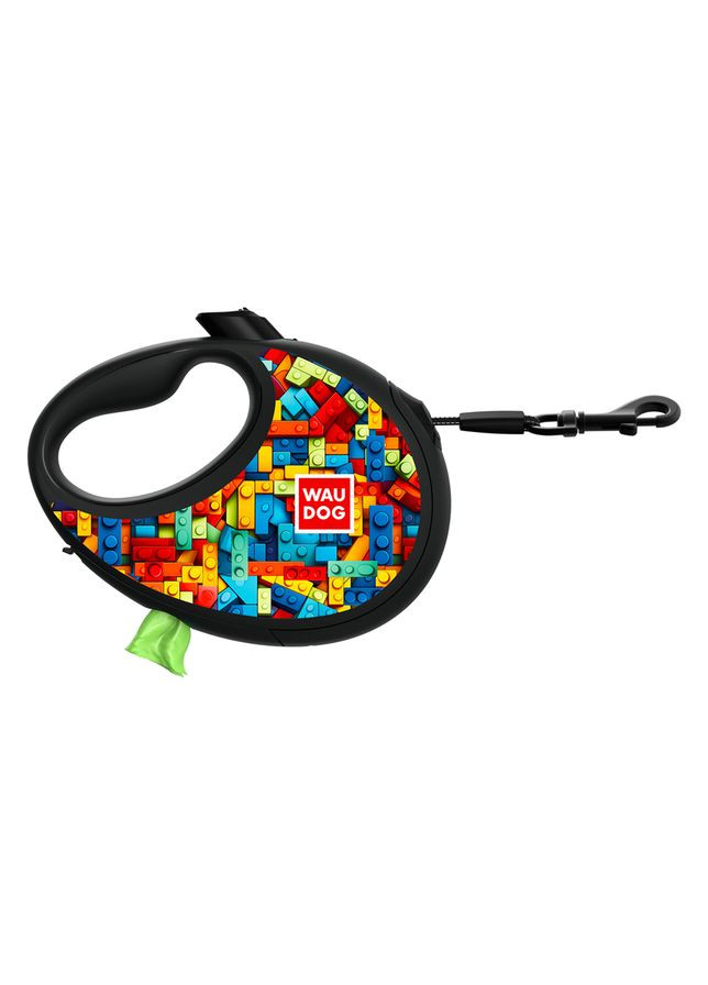 Поводок-рулетка для собак R-leash с контейнером для пакетов "Блоки", светоотражающая лента, S, до 12 кг, 3 м WAUDOG (364751557)