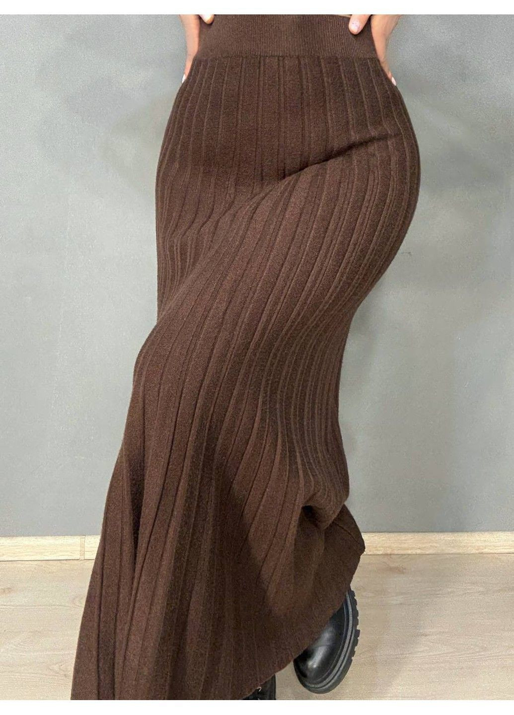 Спідниця жіноча 8893 в’язана довга максі пліссе трапеція коричнева My Fashion (369299664)