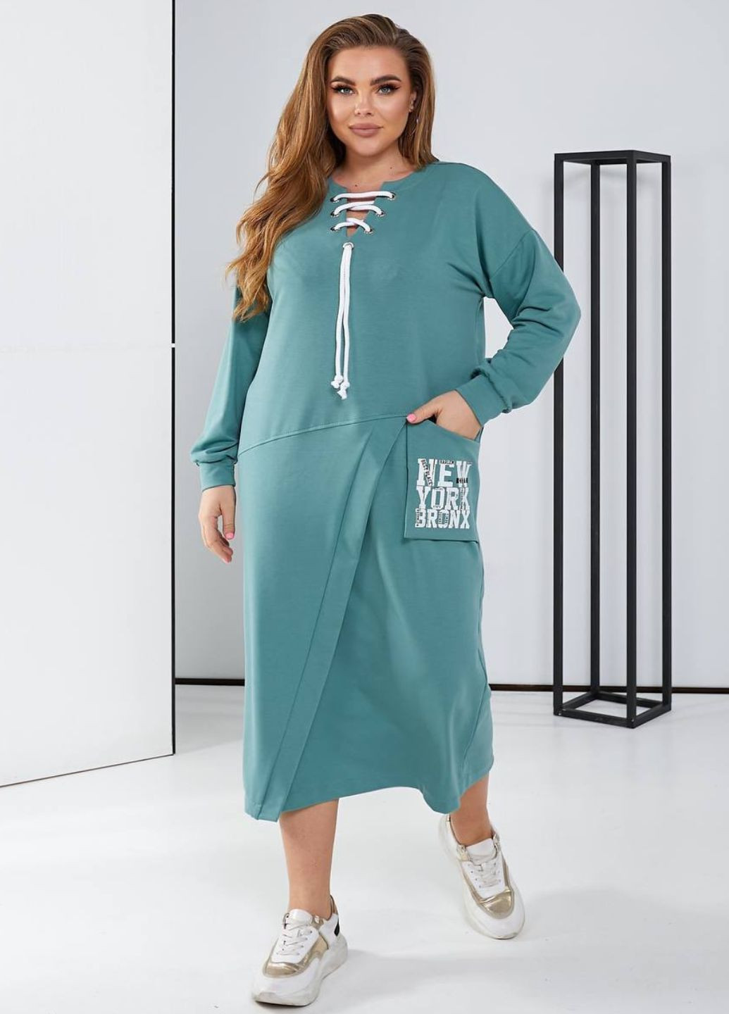 Мятное повседневный изысканное повседневное демисезонное меди платье со шнуровкой и длинными рукавами Allthings с надписью