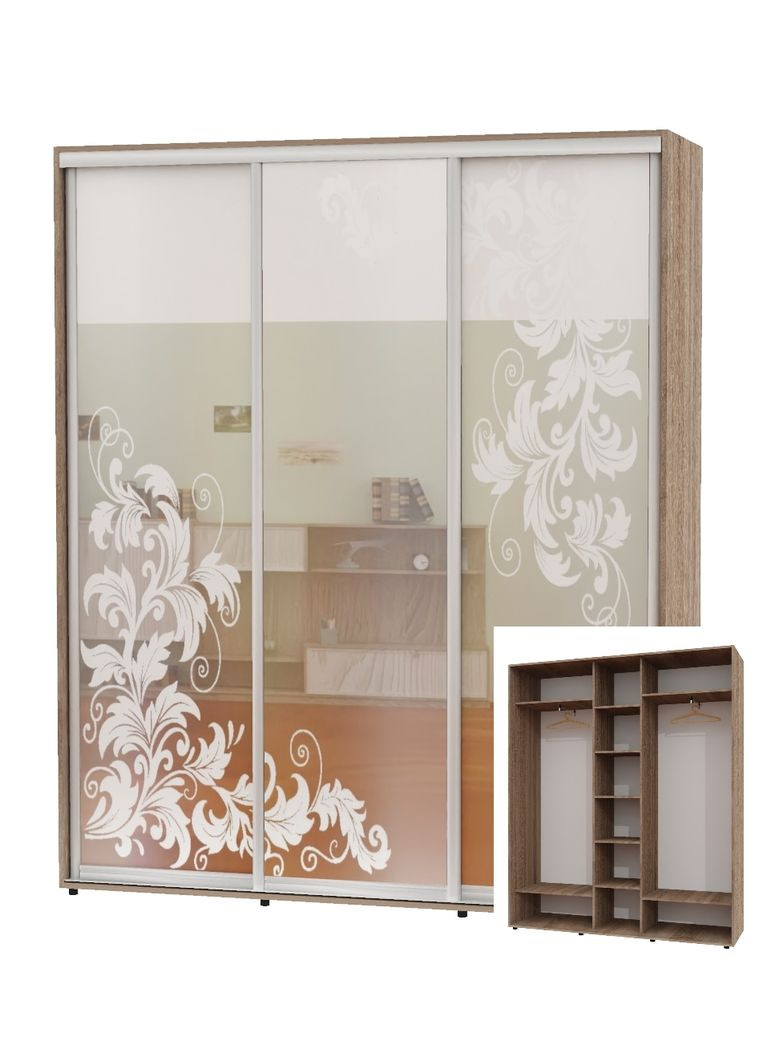 Шкаф-купе трехдверный 200*45*220 Дуб Сонома трюфель Зеркало с пескоструйным рисунком ШК-04 Алекса (360461100)