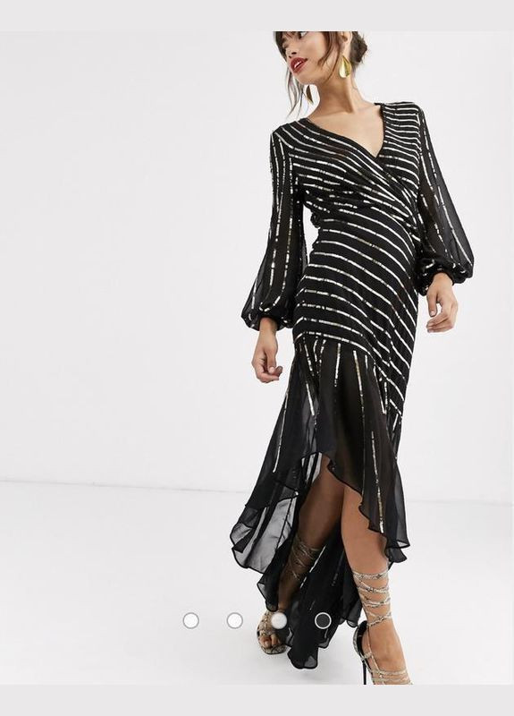 Черное платье макси с косым подолом у пайетки Asos