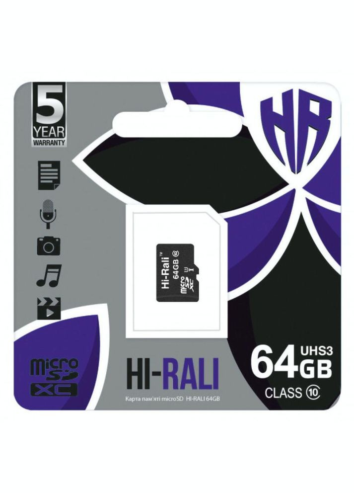 Карта Micro SDXC память 64gb UHS-3 10 Class Черный Hi-Rali (340935485)