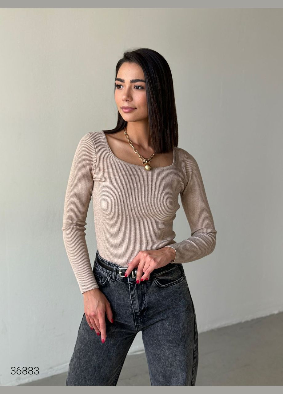 Бежевый демисезонный джемпер в рубчик с квадратным вырезом джемпер Liton