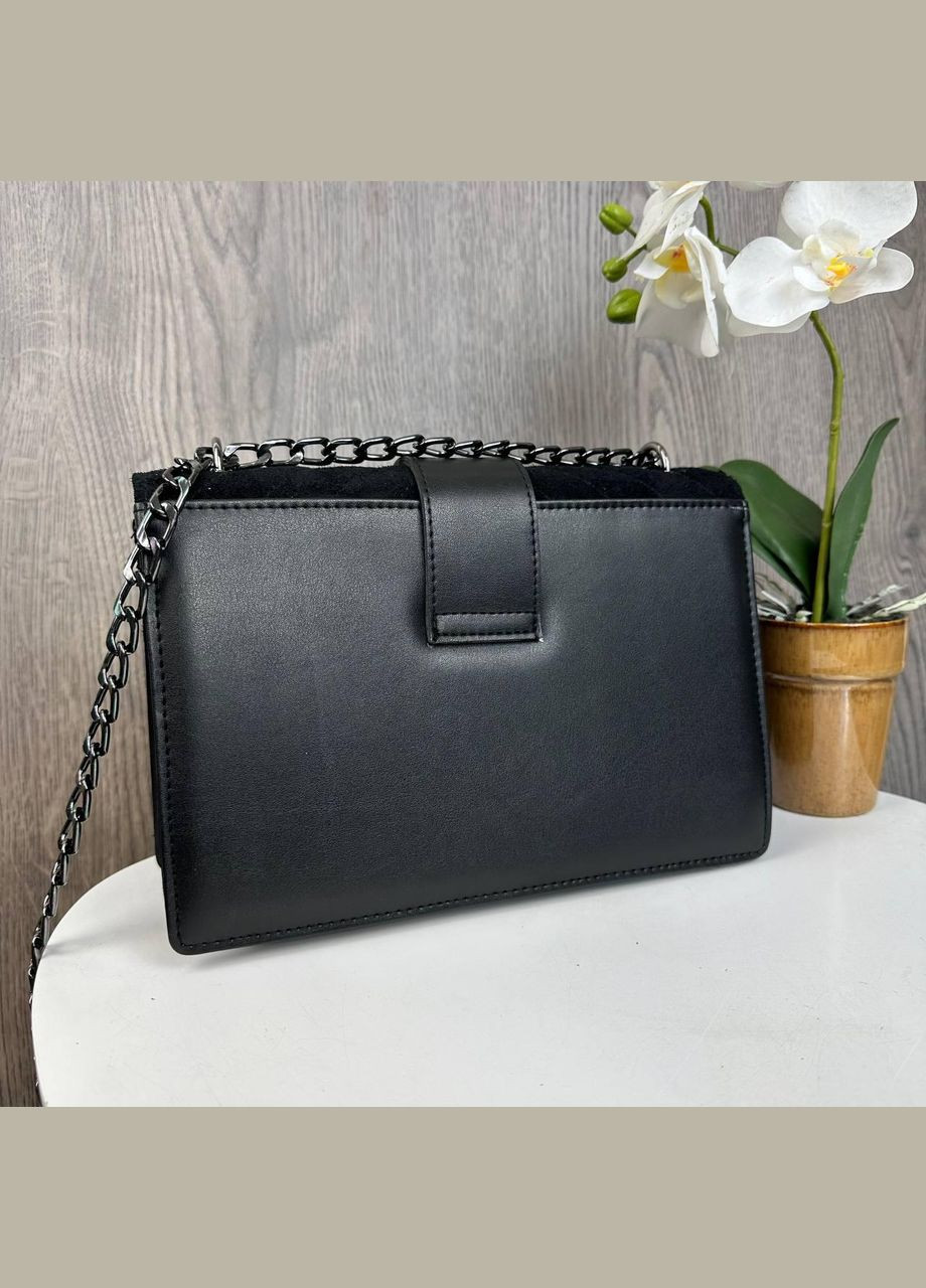 Замшева стьобана сумочка клатч на плече з ланцюжком натуральна чорна замша (sku_1664) No Brand (330576640)