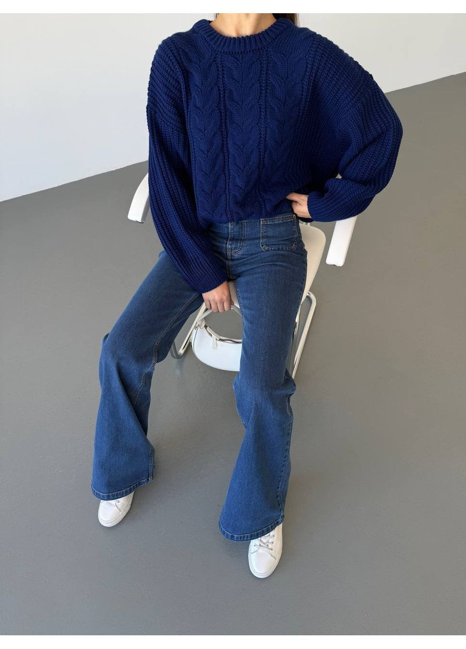 Синій демісезонний жіночий в'язаний светр оверсайз з візерунком MonCher