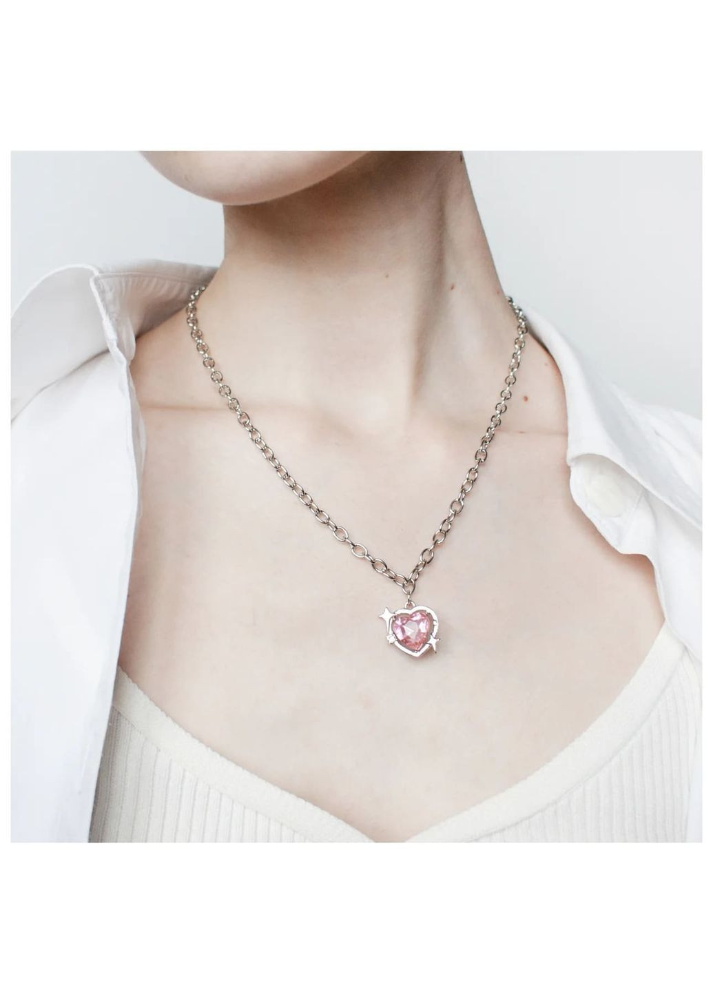 Ланцюжок феї сріблястий 2.0 в стилі фентезі fairycore з рожевим серцем і асиметричними зірочками кольє казкове крупний ланцюг No Brand (307288332)