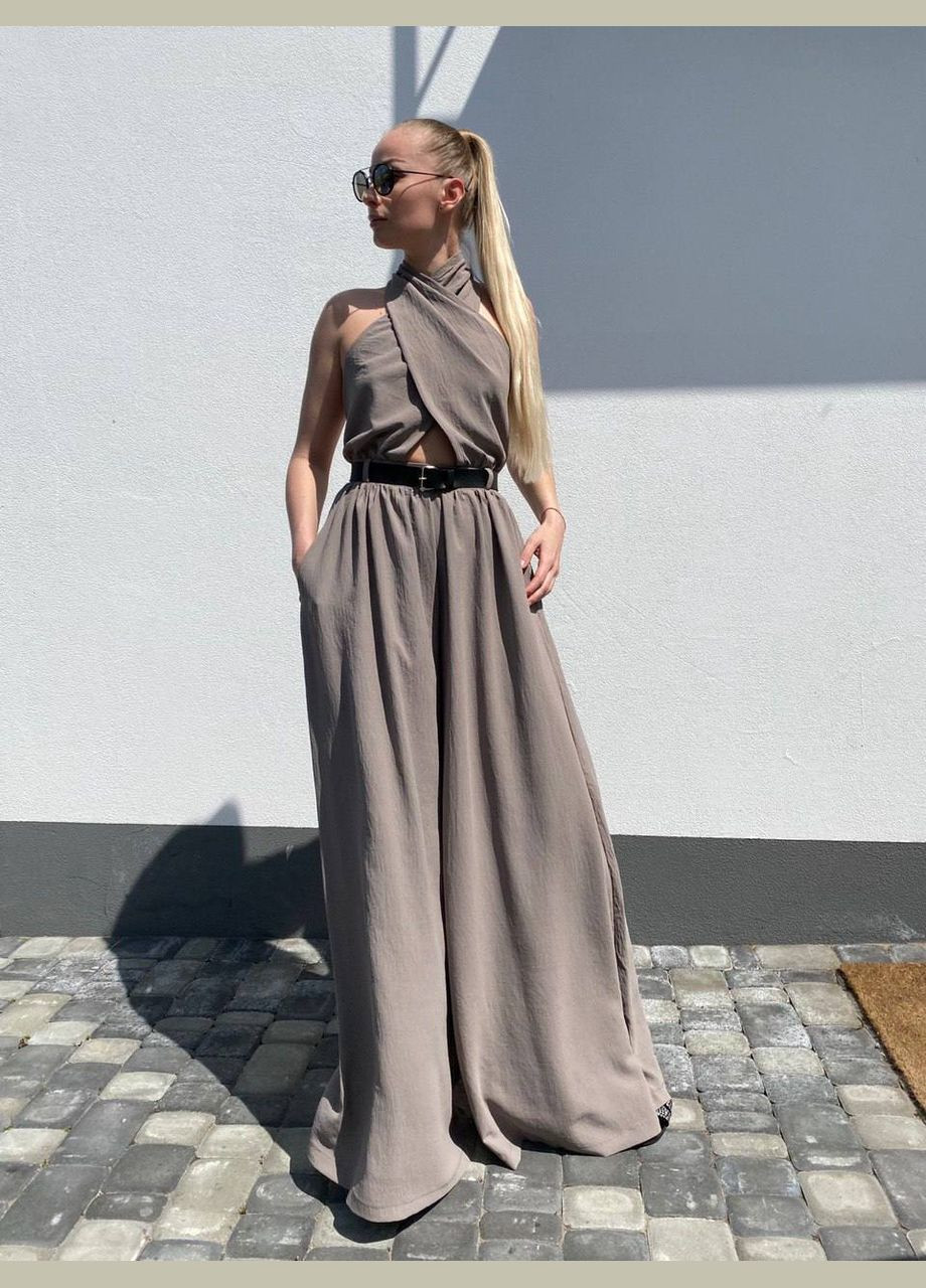 Комбинезон брючный с ремнем Україна комбинезон-брюки темно-бежевый праздничный, повседневный, кэжуал, коктейльный лен, креп