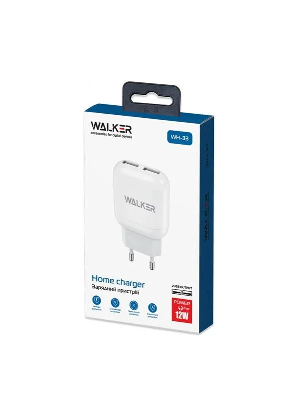 Мережевий зарядний пристрій пластик 70х43х20 мм 2USB 2,4A 12W Walker (393452053)