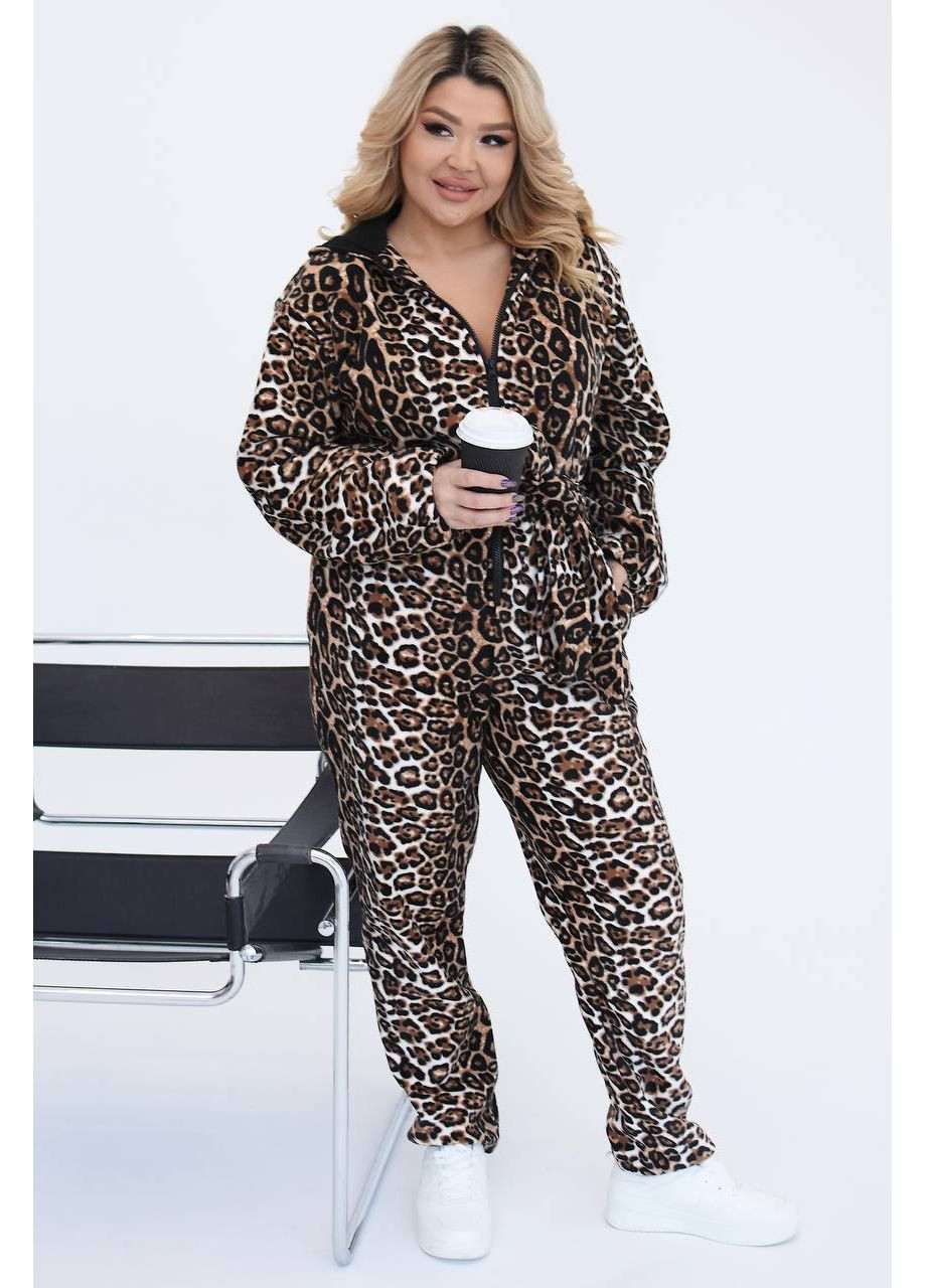 Комбінезон жіночий на блискавці Style Point комбінезон-брюки леопардовий бежевий повсякденний, кежуал фліс