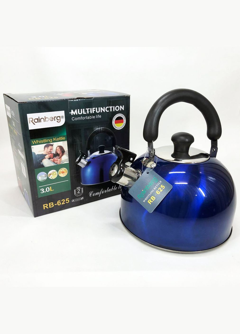 Чайник RB-625 із нержавіючої сталі зі свистком 3л гарний чайник для газової плити. Колір: синій Rainberg (364665017)