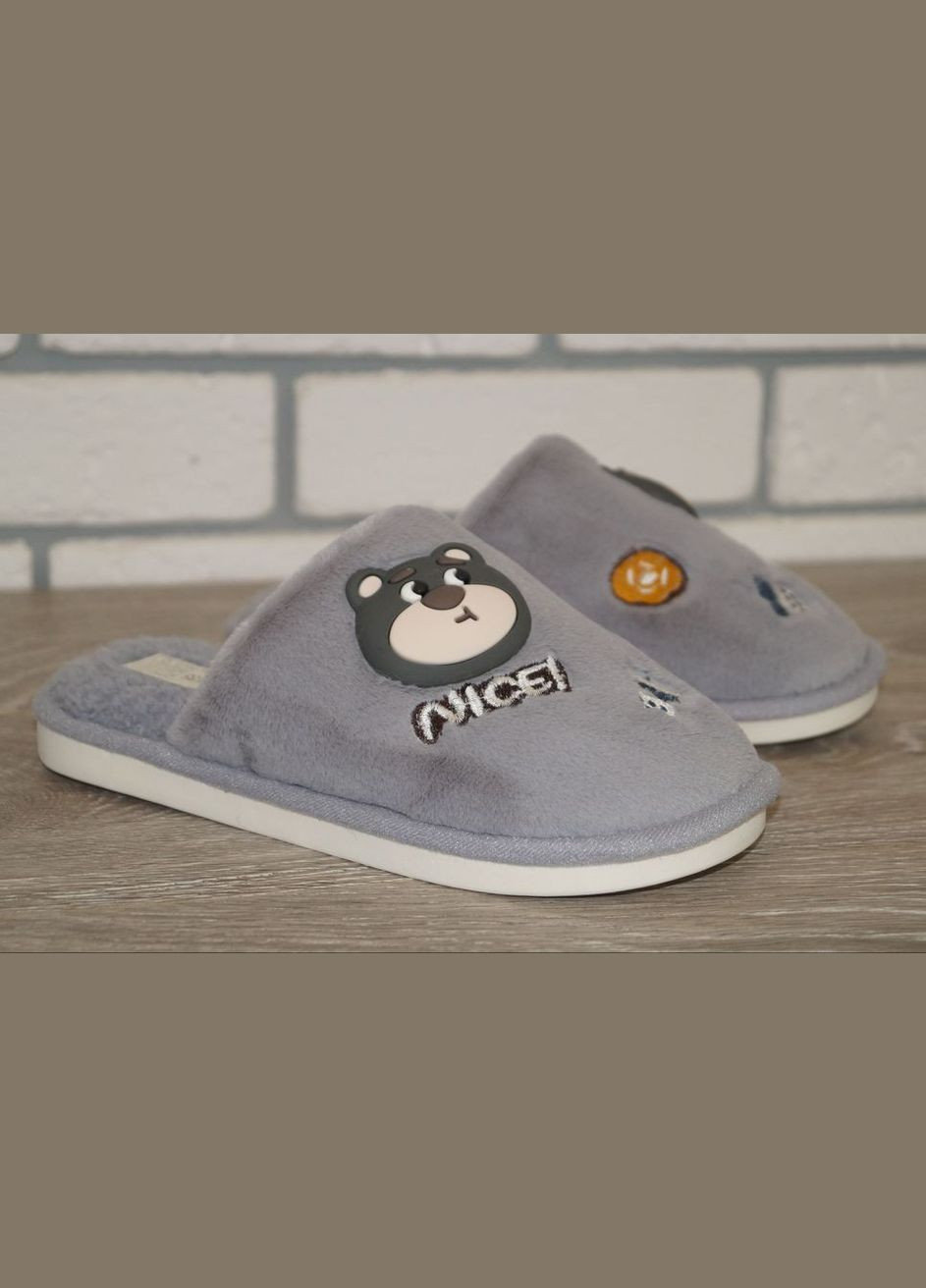 Серые тапочки для мальчика меховые с красивой аппликацией Deshman