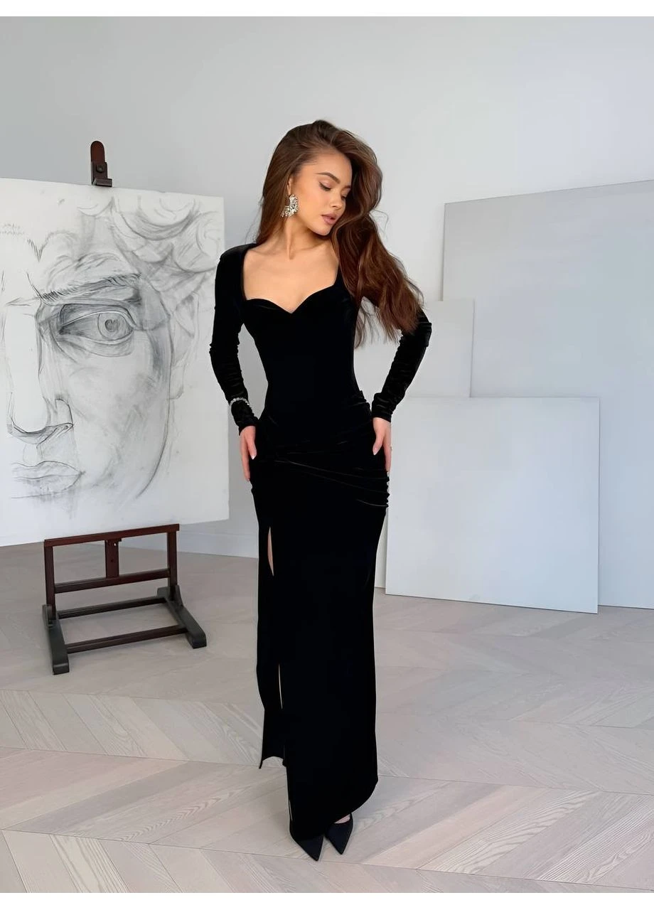 Черное вечернее платье из бархата Fashion