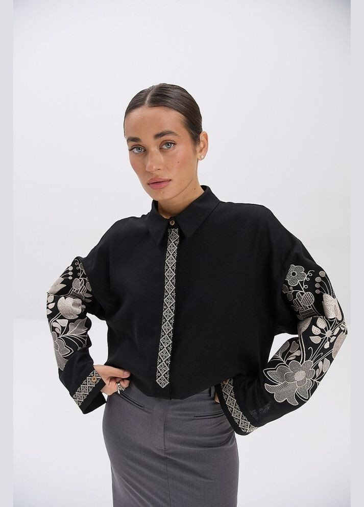 Чёрная рубашка женская чёрная вышиванка с золотистыми узорами mkar69223-3 Modna KAZKA (337145130)