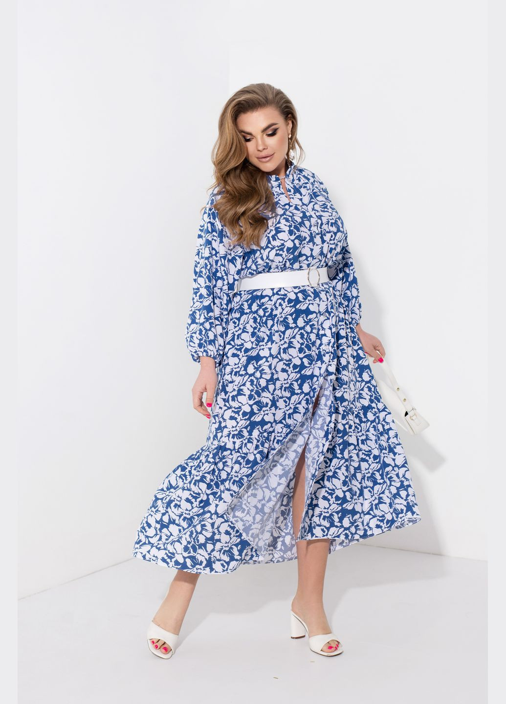 Синя кежуал, повсякденний трендова сукня дзвін No Brand з квітковим принтом