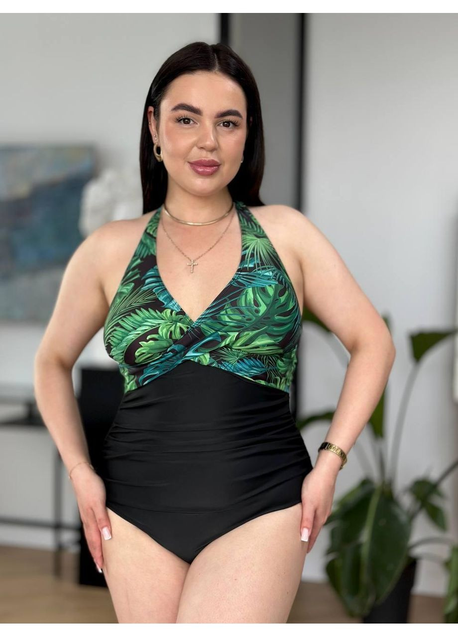 Чорний літній жіночий суцільний купальник плюс сайз рибана / жіночий купальник великих розмірів чорний з драпіровкою / жіночий купальник No Brand