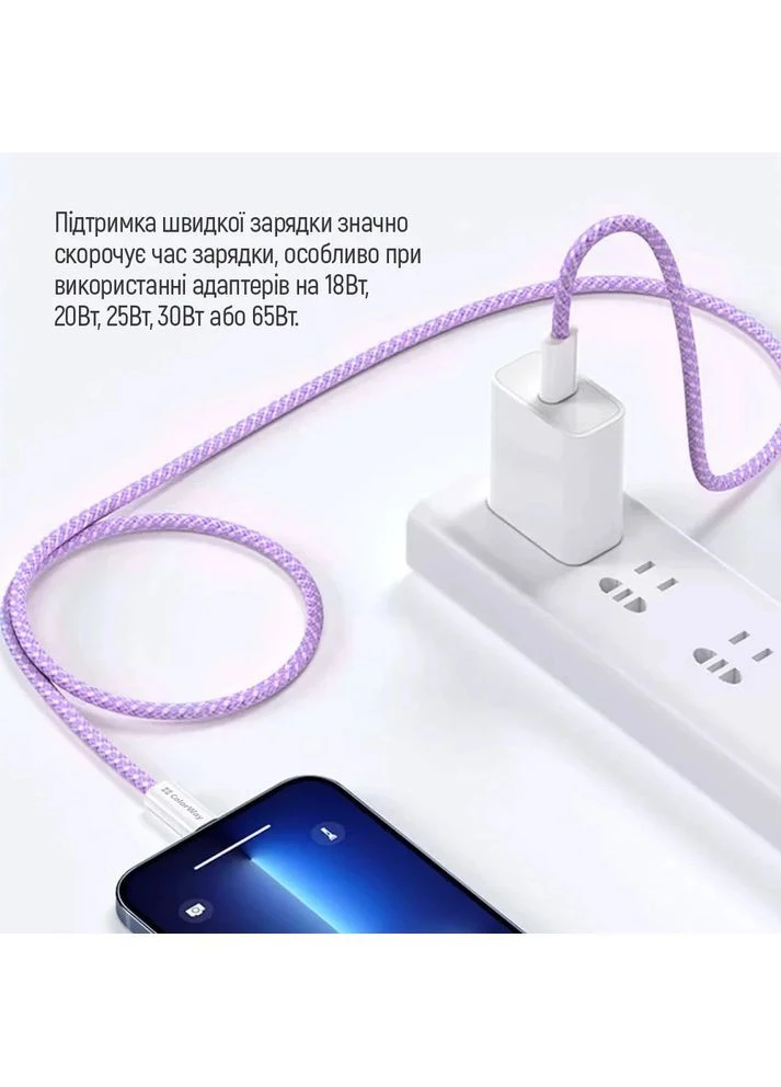 Кабель Type-C - Type-C 60W 3A 1м фиолетовый нейлоновый для зарядки MacBook, Samsung, Xiaomi Colorway (392439202)