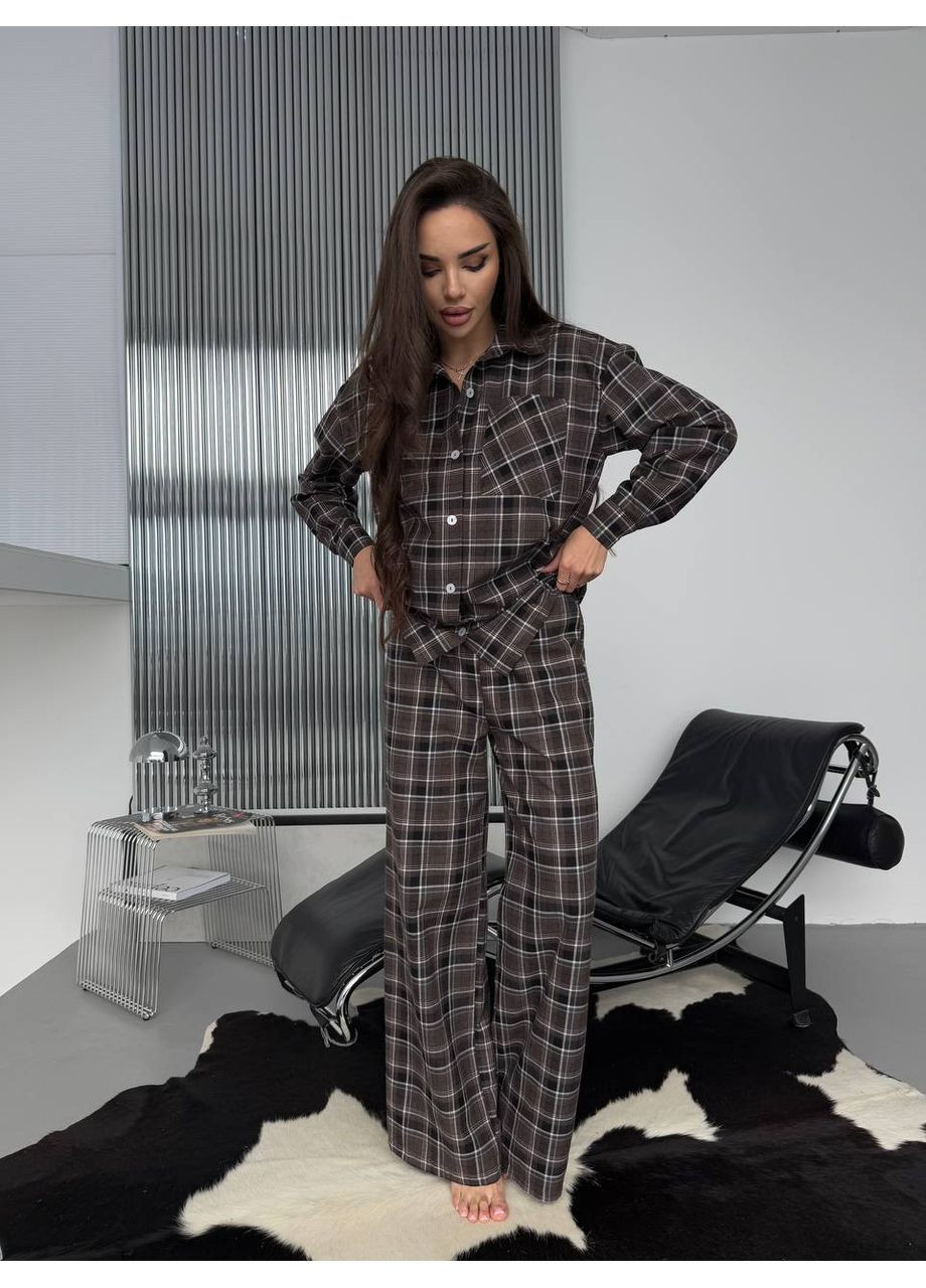 Коричнева жіноча фланелева піжама в клітинку сорочка + брюки No Brand С832/833-806/5