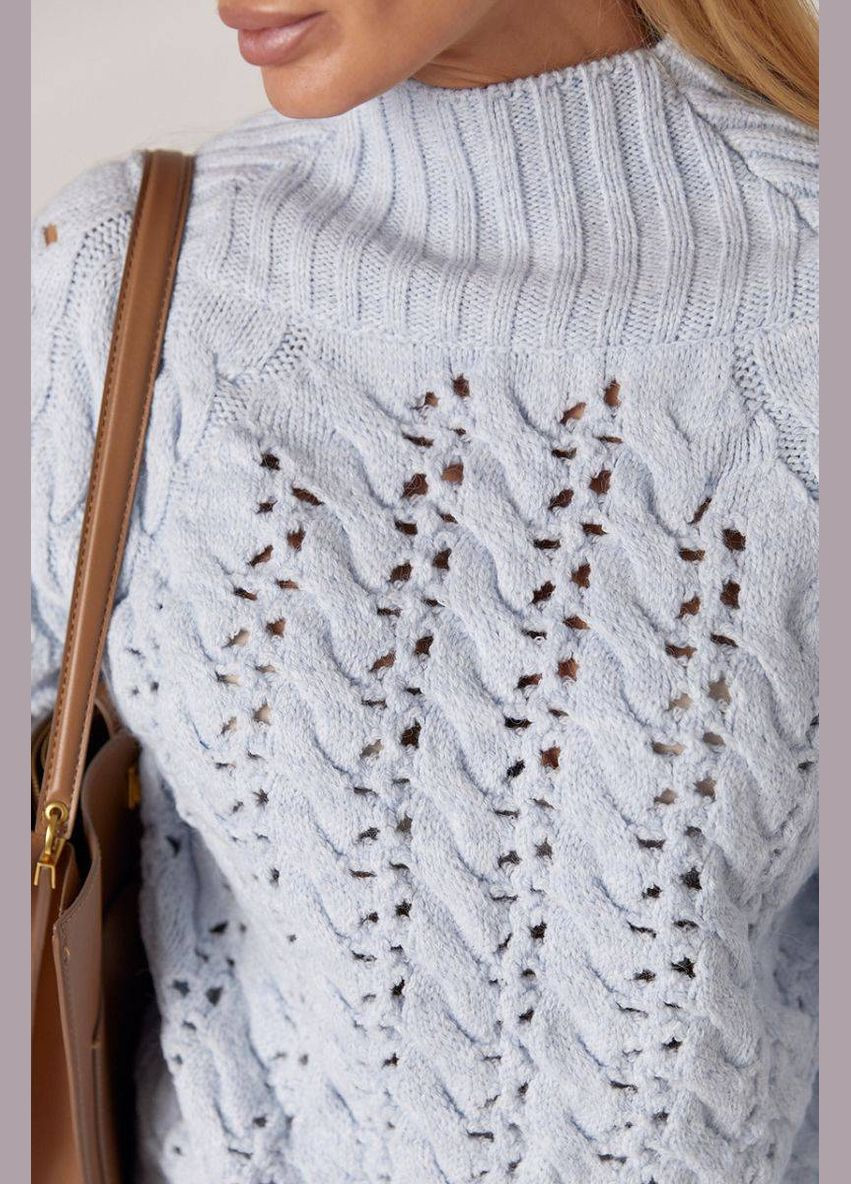 Голубой зимний вязаный свитер женский с ажурными узорами Lurex Свитер