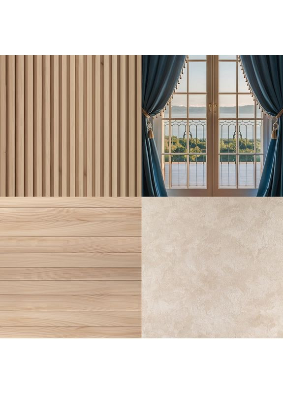 Кутовий вініловий фотофон 3D, рейкова стіна, світла дерев’яна і бежева кам’яна підлога, 80×80 см, №58451 PhotoVinyl (354358034)