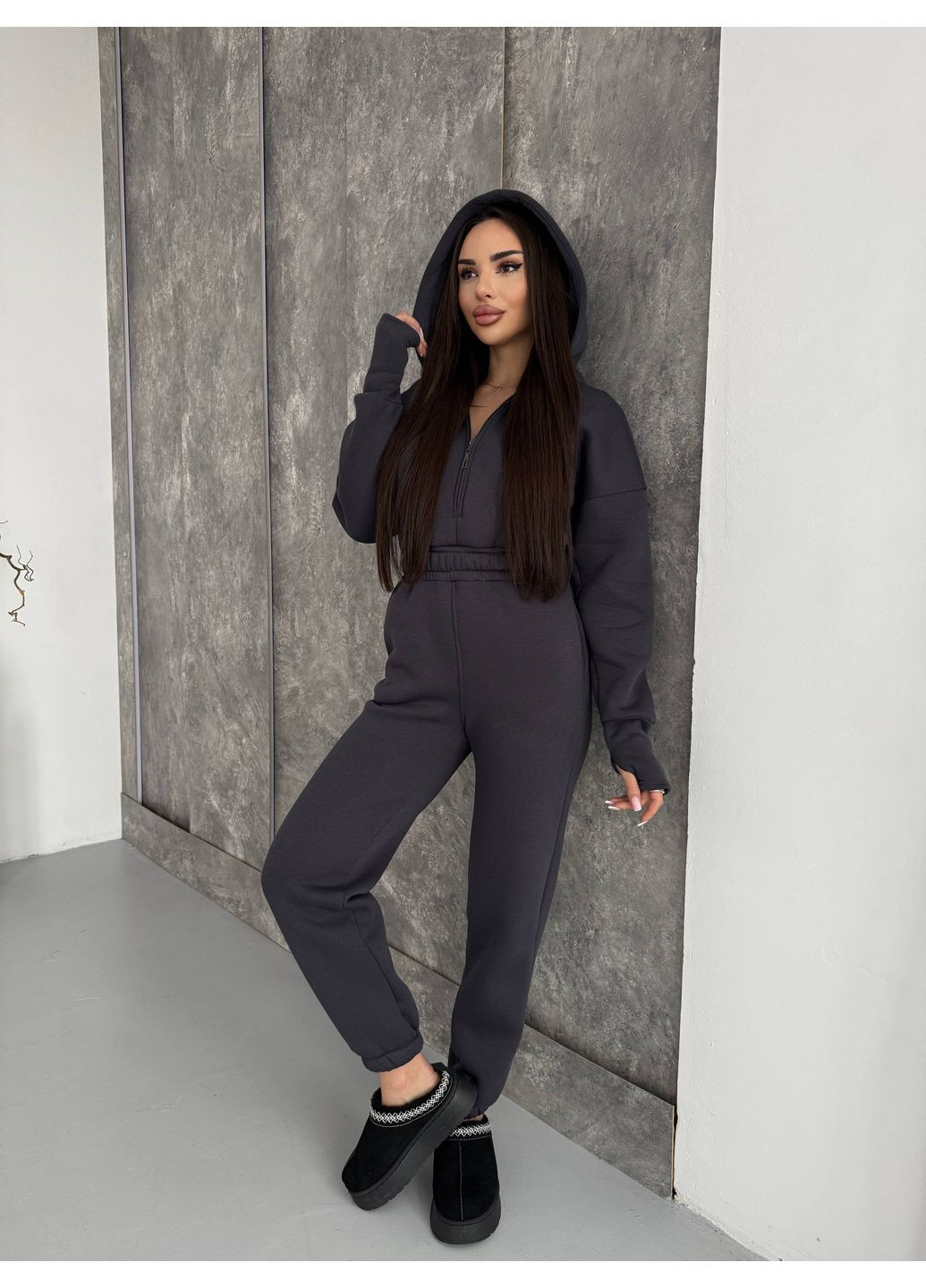 Комбинезон из трехнитки премиум качества ЗАМЕР В ОПИСАНИИ DK/DL Мода без кордонів однотонный графитовый повседневный трехнитка