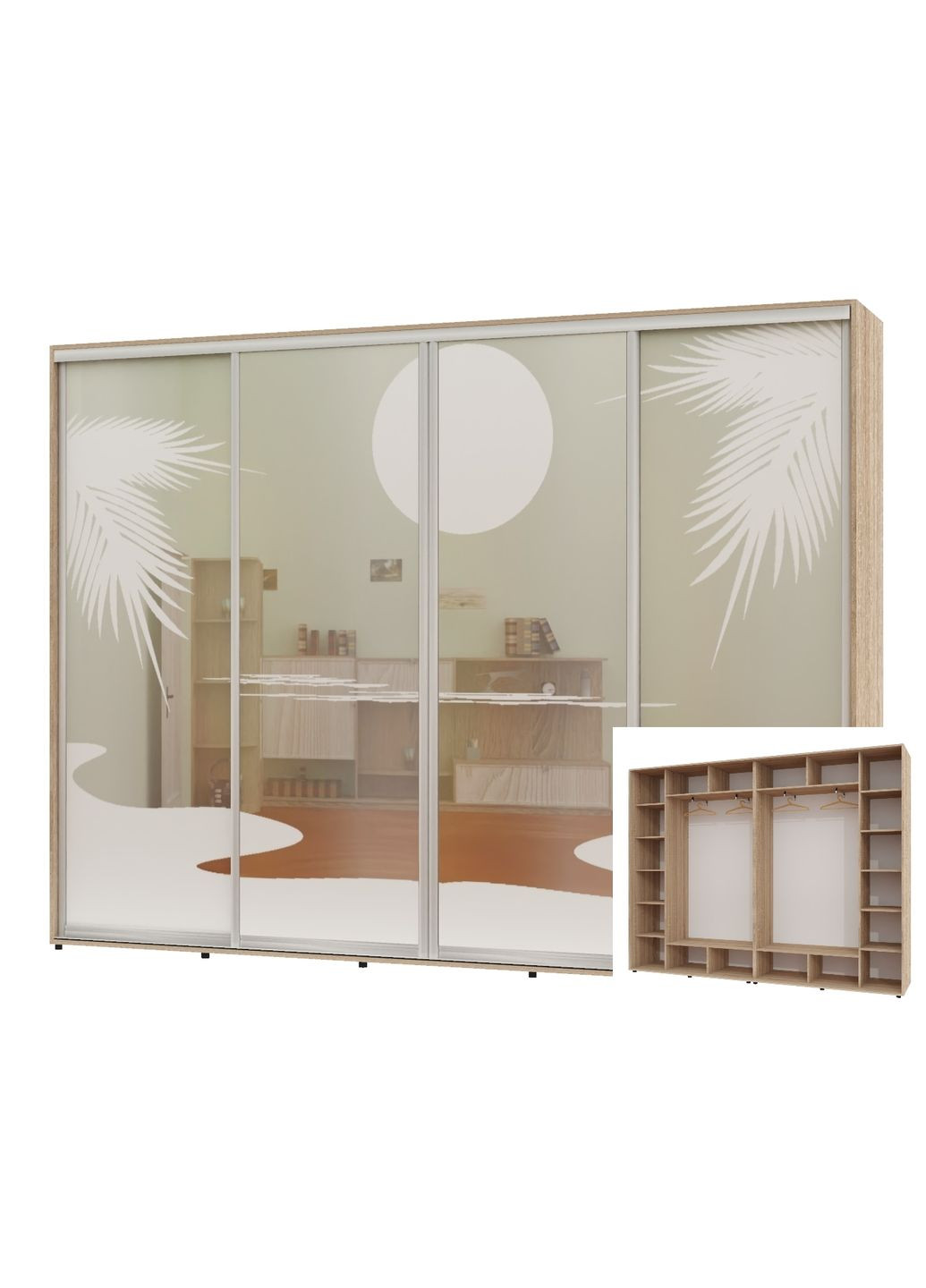 Шкаф-купе четырехдверный 300*45*220 Дуб Сонома Зеркало с пескоструйным рисунком Алекса (360432578)