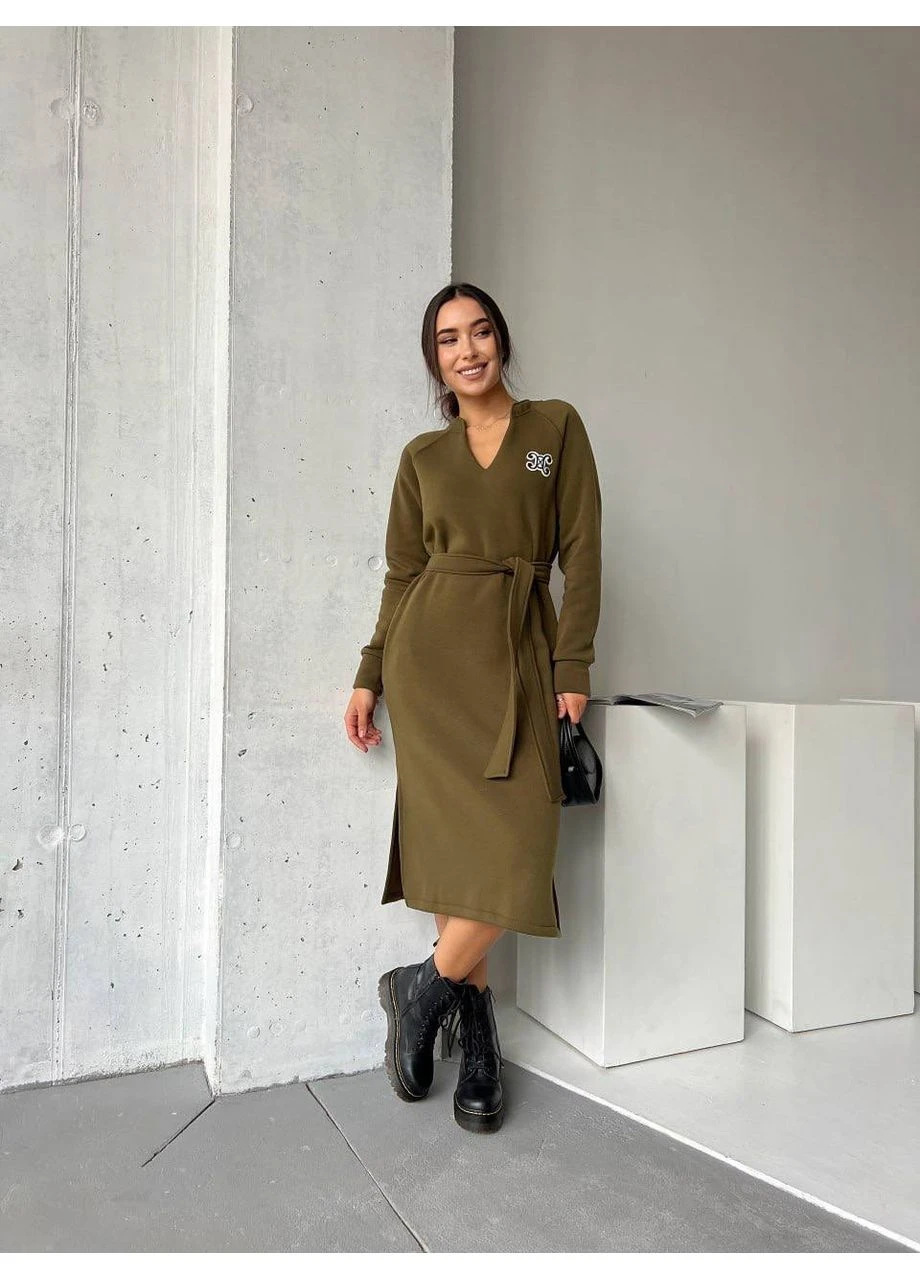 Оливковое (хаки) платье с поясом на флисе Fashion