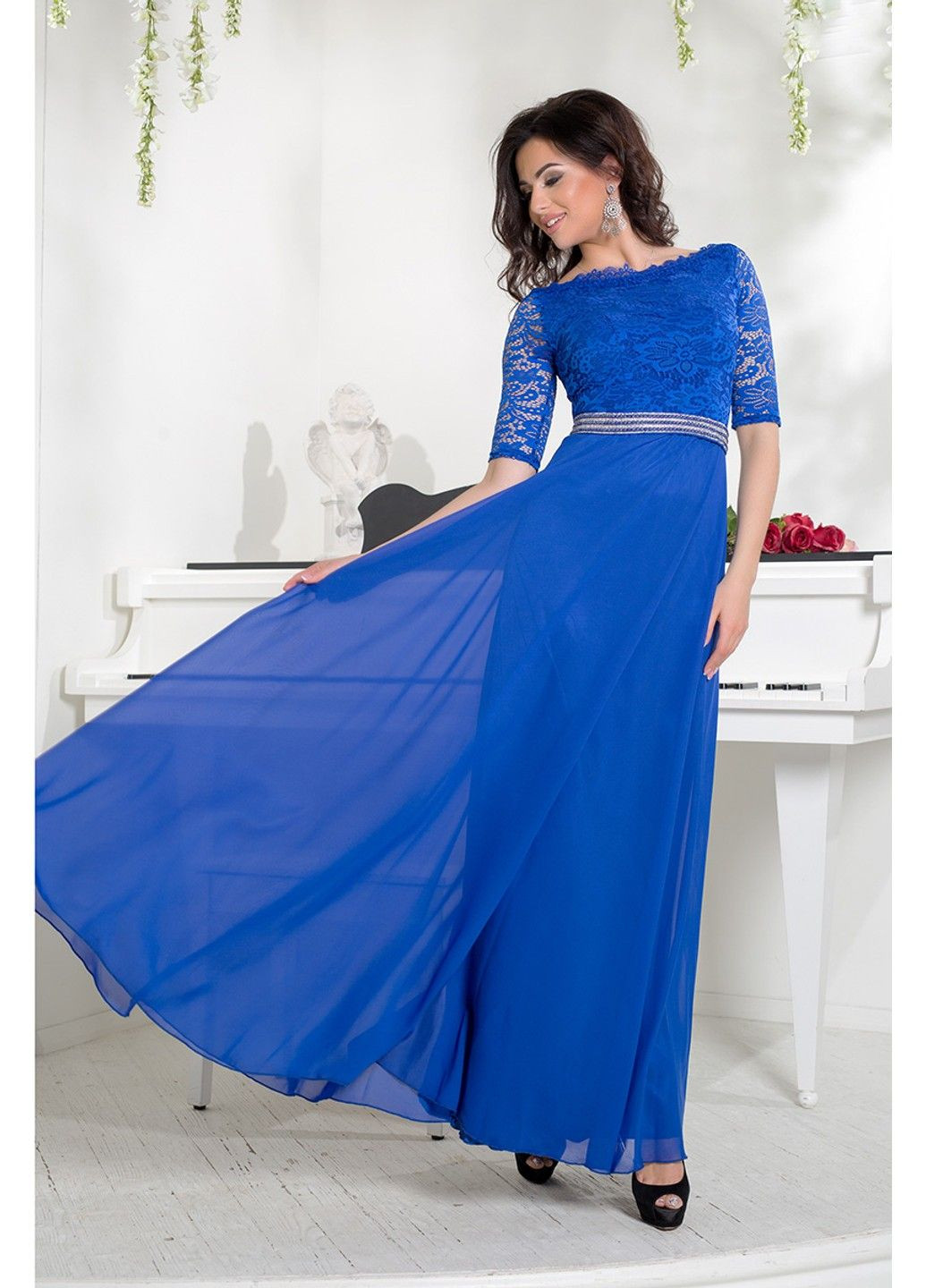 Синее вечернее платье гипюр шифон 6011 электрик Tanita-Romario