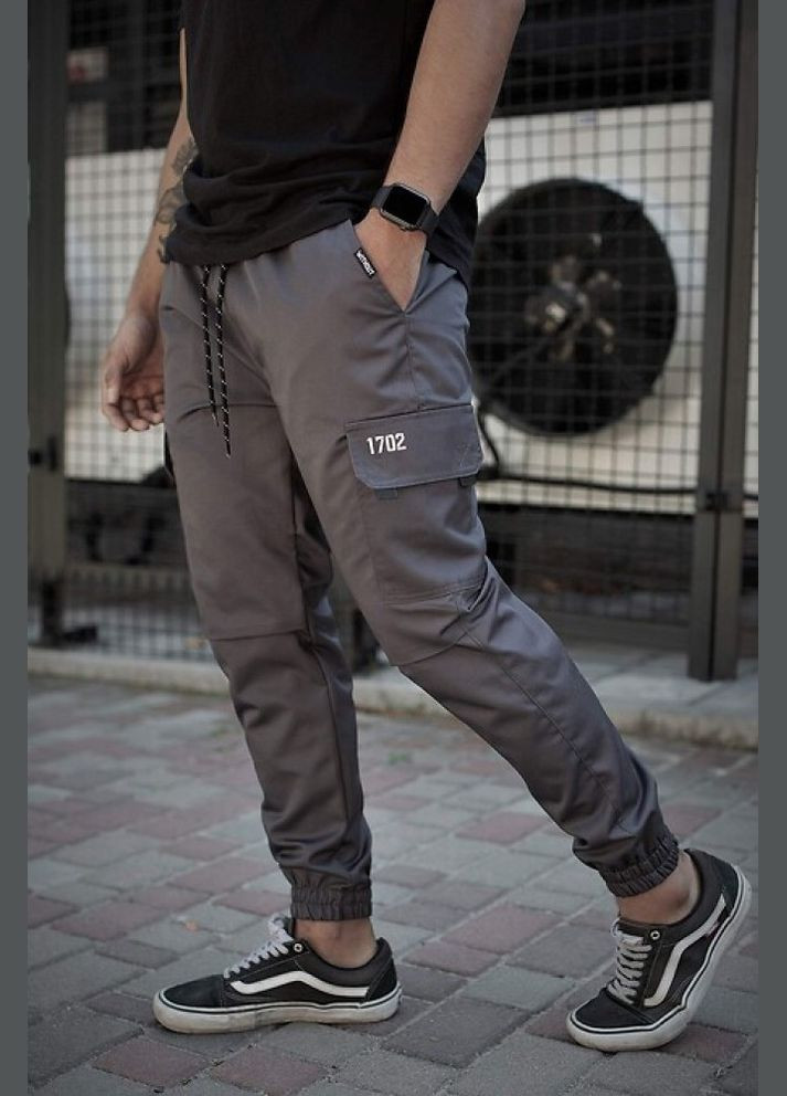 Штани карго котонові сірі чоловічі з накладеними кишенями з світловідбиваючим принтом Without (322652537)