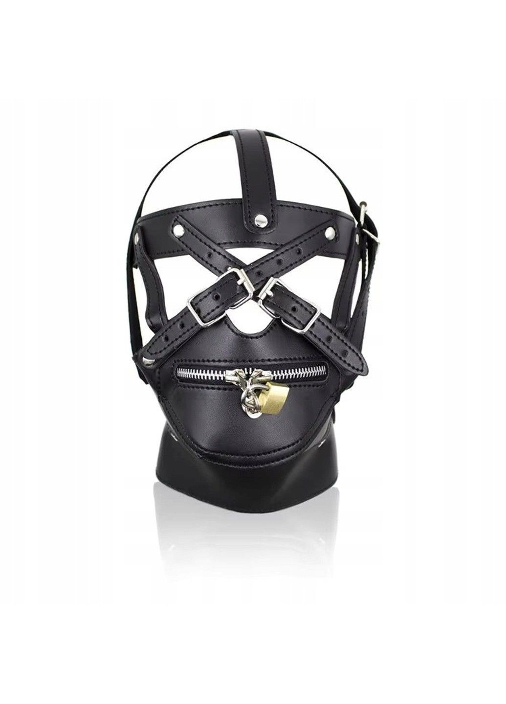 Шолом-маска з блискавкою та замком для БДСМ-ігор чорна штучна шкіра We Love (363188335)