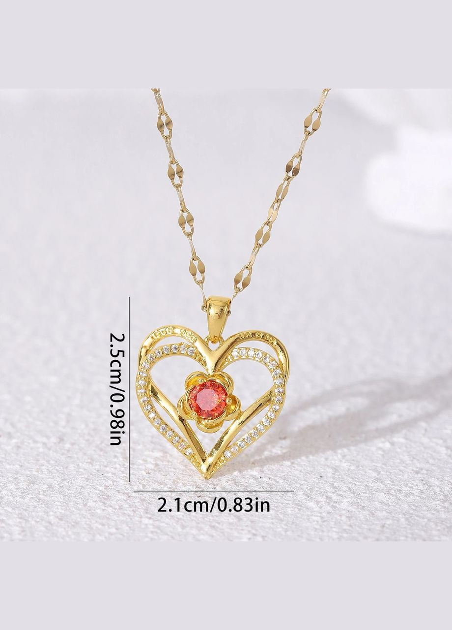 Женский кулон подвеска на цепочке два сердца с цветком и красным камнем фианитом золотистый Liresmina Jewelry (291413276)