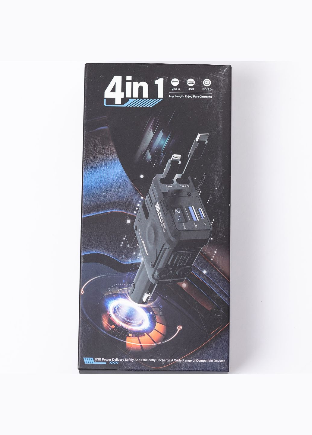 Автомобильное зарядное устройство 4 в 1 с выдвижным кабелем, белое No Brand (328440687)