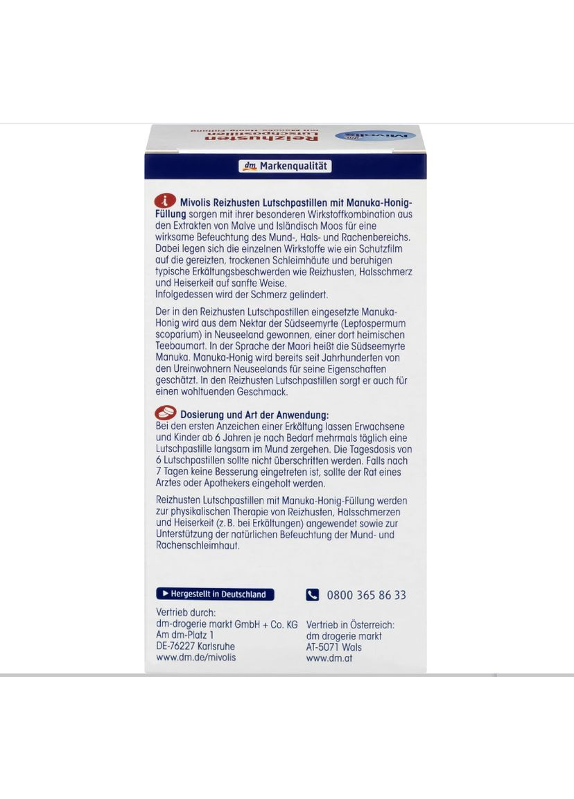 Пастилки от кашля из исландского мха, вкус вишни Reizhusten-Pastillen Manuka, 24 St Mivolis (366569587)