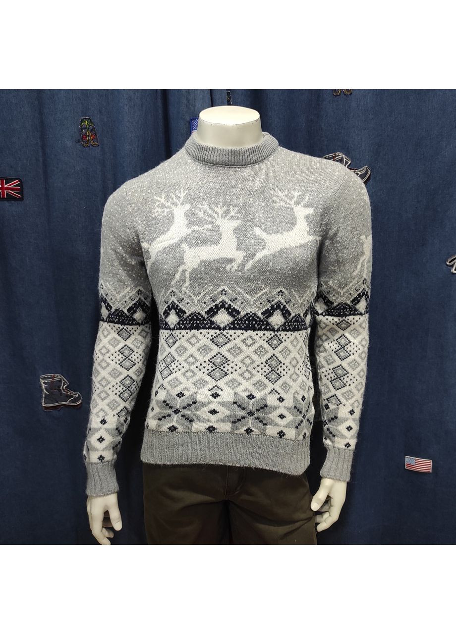 Сірий зимовий светр чоловічий теплий вовна з оленями новорічний No Brand