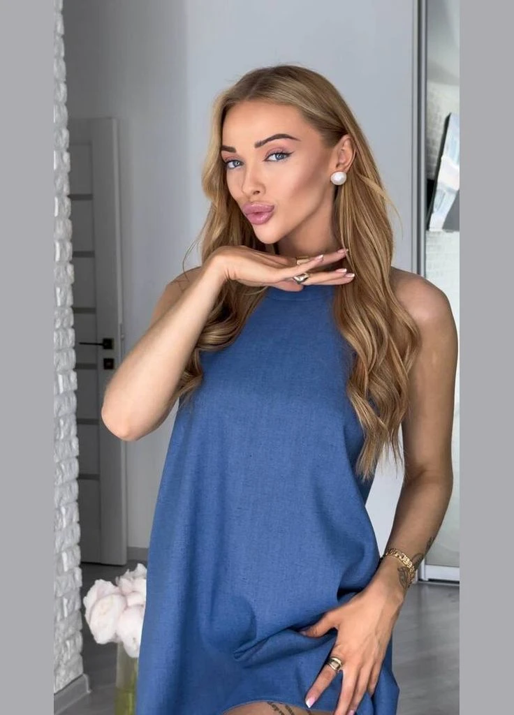 Темно-синя кежуал льняна сукня Mariashop