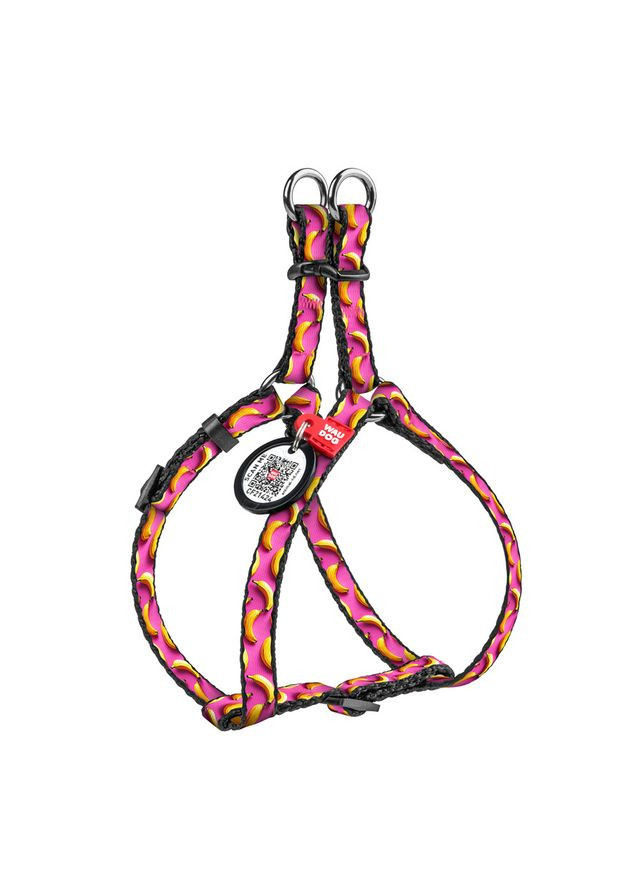 Шлея для котів та дрібних порід собак WAUDOG Nylon з QR паспортом, малюнок "Банани на рожевому", пластиковий фастекс,, Ш 10 мм, No Brand (363200094)