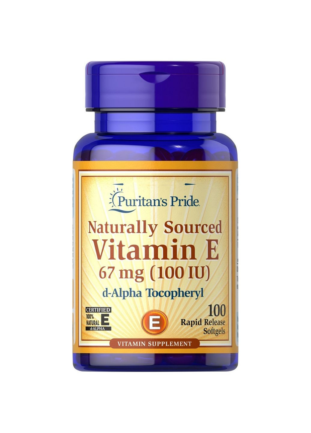 Вітаміни та мінерали Vitamin E 100 IU Naturally Sourced, 100 капсул Puritans Pride (295898440)