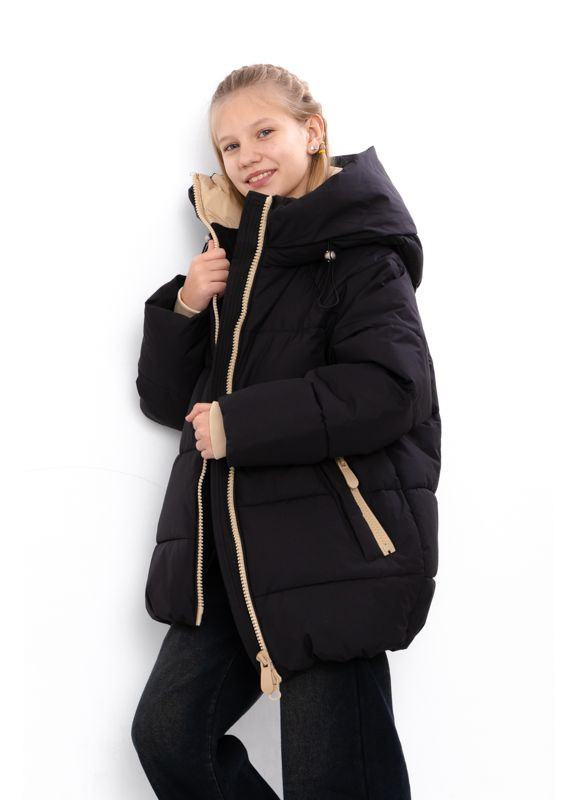 Черная зимняя зимняя куртка для девочки юниор (оверсайз) с капюшоном (p-18520) Носи своє