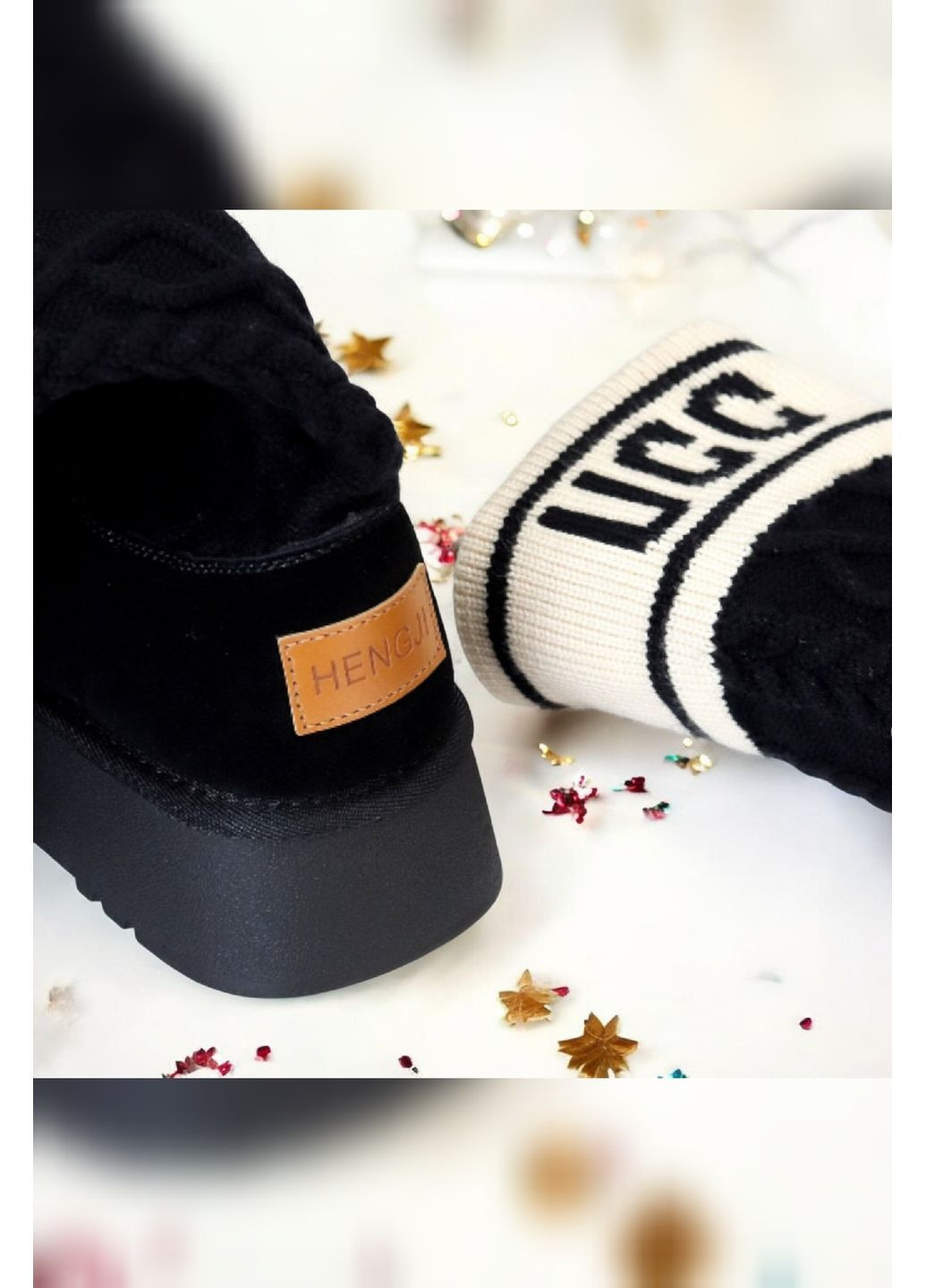 Жіночі чорні замшеві уггі зимові з високим вязаним чулком на потовщеній підошві Hengji Уггі (371767353)